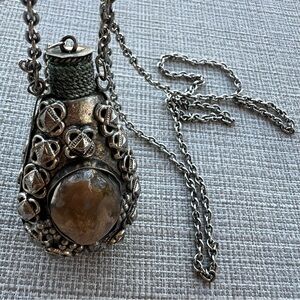 Silver-Tone Pendant Necklace with Brown Stone